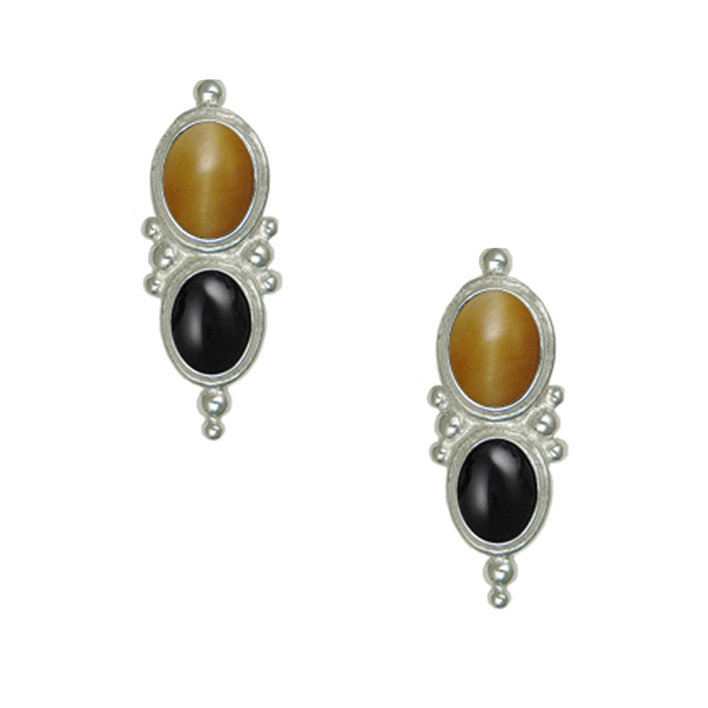 Sterling Silver Drop Dangle Earrings With Honey Tiger Eye And Black Onyx